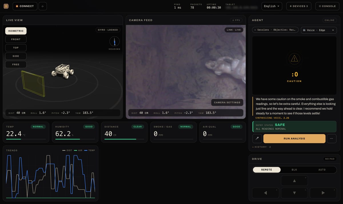 The console showing live distance, temperature, humidity and heading.